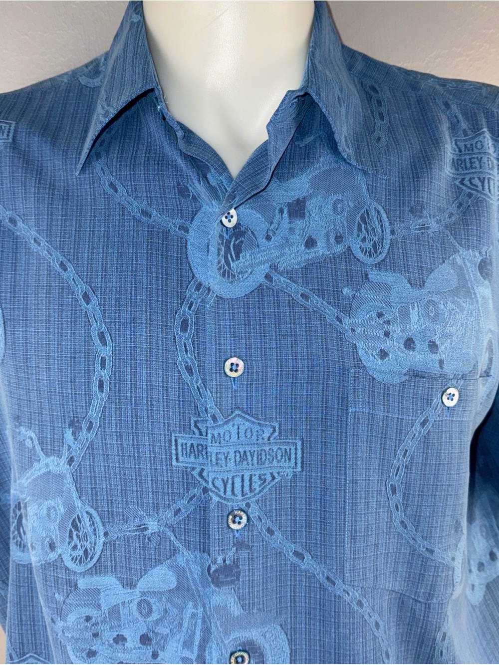 Harley Davidson Shirt Men’s L Blue Silk Tori Richard Motorcycle Graphic Vintage - Picture 2 of 10
